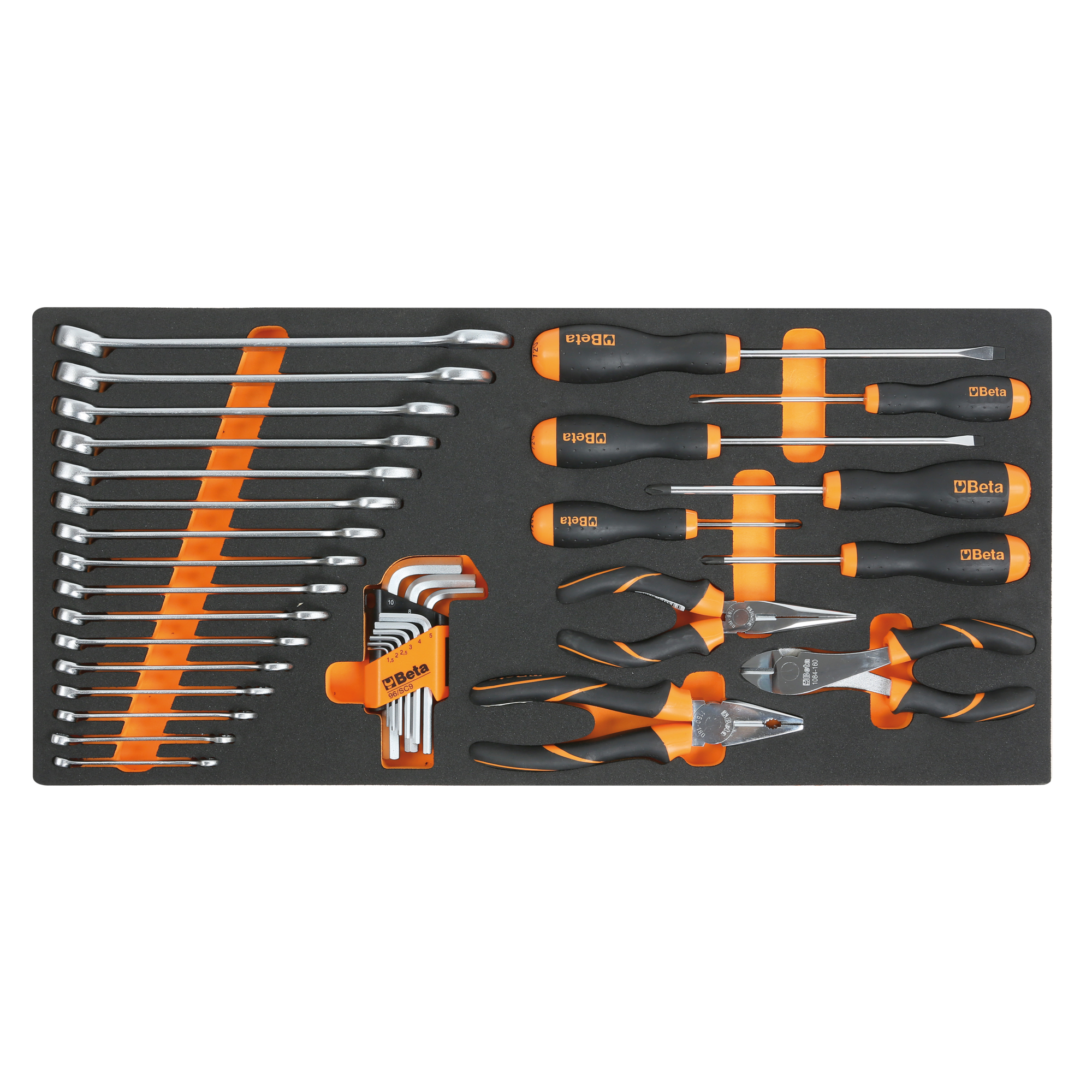 Beta Hand Tool Set — 34-Piece, Wrenches, Screwdrivers, Pliers, Hex Keys, Soft Thermoformed Tray, Model# MC10